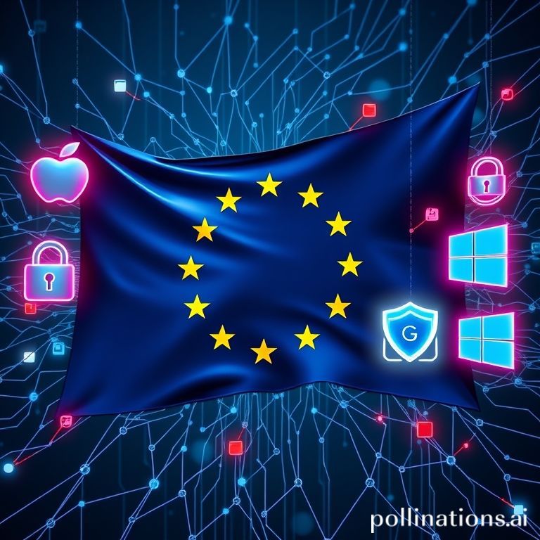 An abstract digital network featuring the EU flag amidst tech logos, symbolizing Europe's regulatory scrutiny of tech giants' fraud prevention efforts.