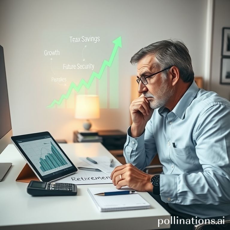 Man planning retirement finances, calculator, and holographic 'TAX' projection symbolizing smart savings strategies.