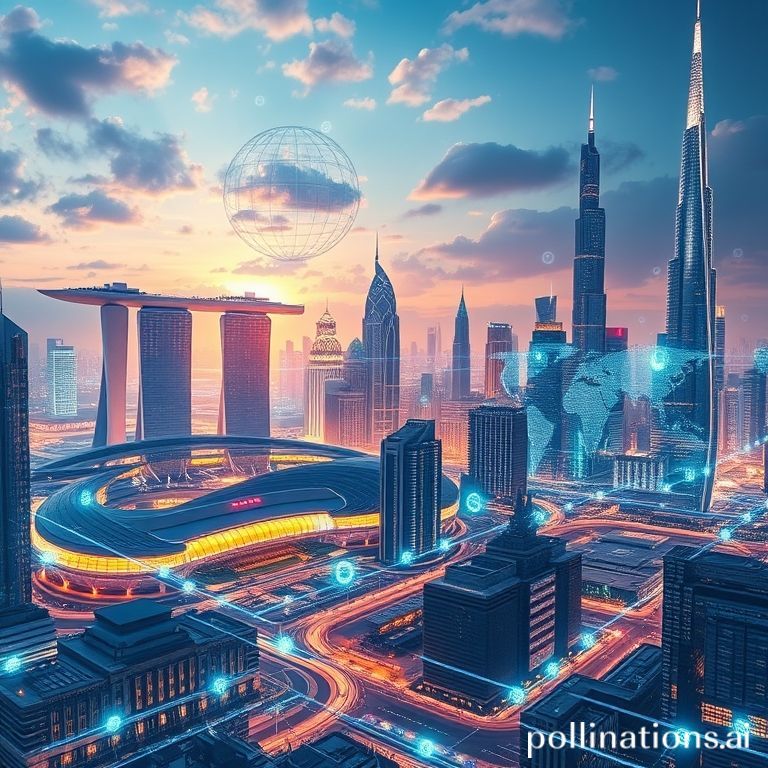 Modern skylines of Singapore and UAE fused with digital currency graphics, representing their leading global crypto adoption.
