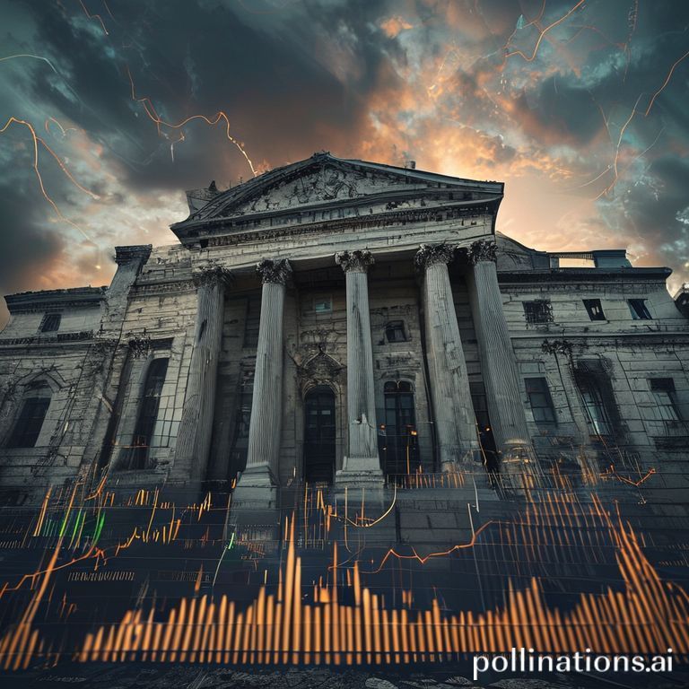 Illustrates the US empire's economic and political decline, with a subtly crumbling neoclassical building and falling financial charts under a dramatic twilight sky.