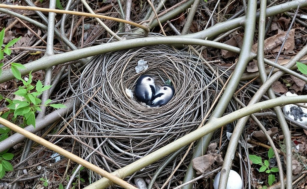 A devastated bird nest surrounded by fallen branches and debris.