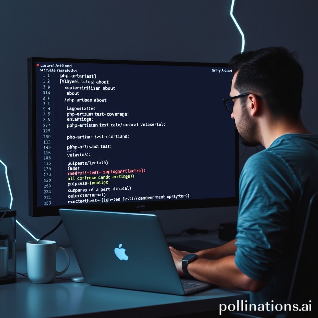 A developer sitting at a desk with a laptop, looking at a terminal screen displaying various Laravel Artisan commands. The screen shows outputs similar to `php artisan about` and `php artisan test --coverage`. The overall atmosphere is modern, tech-focused, and productive, with subtle glowing lines representing data flow or code. The developer is focused, perhaps with a coffee cup nearby.