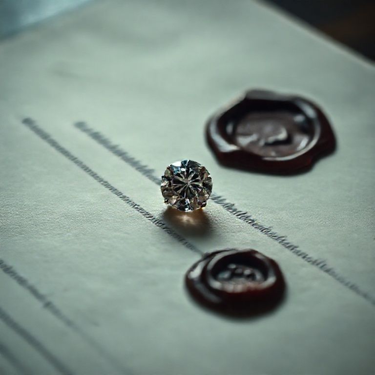 Um brinco de diamante repousando sobre um contrato antigo com selo de cera, provando a fraude.