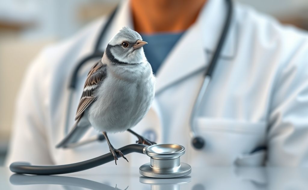 A digital bird perched on a vet's stethoscope in a virtual setting