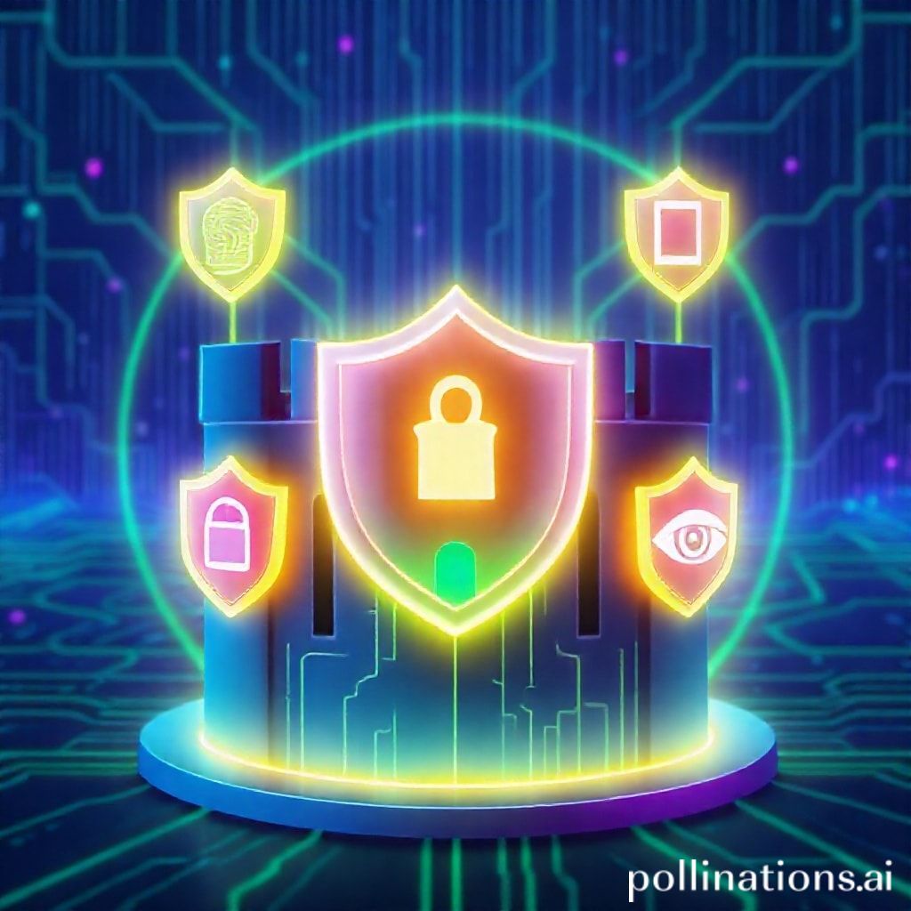 A digital fortress with glowing, multi-layered shields protecting it. Various security icons like a fingerprint, a key, a smartphone, and an eye are integrated into the layers, symbolizing different authentication factors. The background is a secure, futuristic digital landscape with lines of data flow. Colors are predominantly blue, green, and purple, indicating technology and security.
