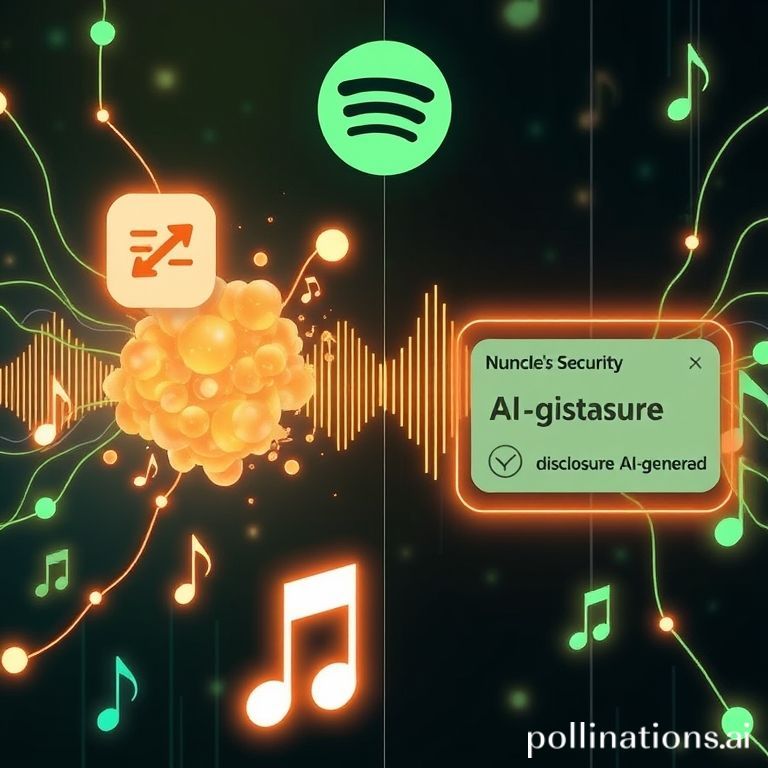 A digital art representation of Spotify's new AI content policies, showing AI network lines filtering spam and a disclosure tag on music.