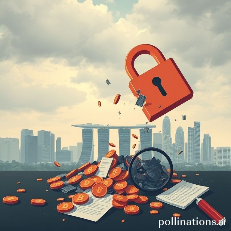 Digital representation of collapsing crypto assets and financial distress, set against the Singapore skyline under regulatory scrutiny.