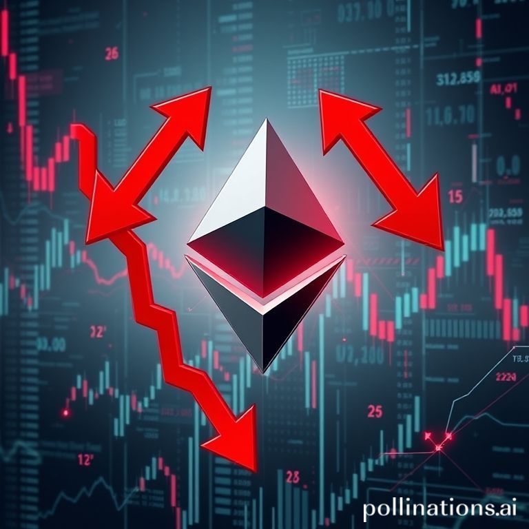 Stylized Ethereum logo with red arrows signifying a price drop, set amidst abstract financial charts, reflecting market volatility.