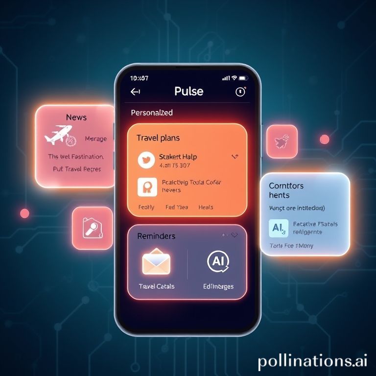 ChatGPT Pulse UI with glowing personalized cards, showing news, family plans, and travel itineraries, reflecting proactive AI assistance.