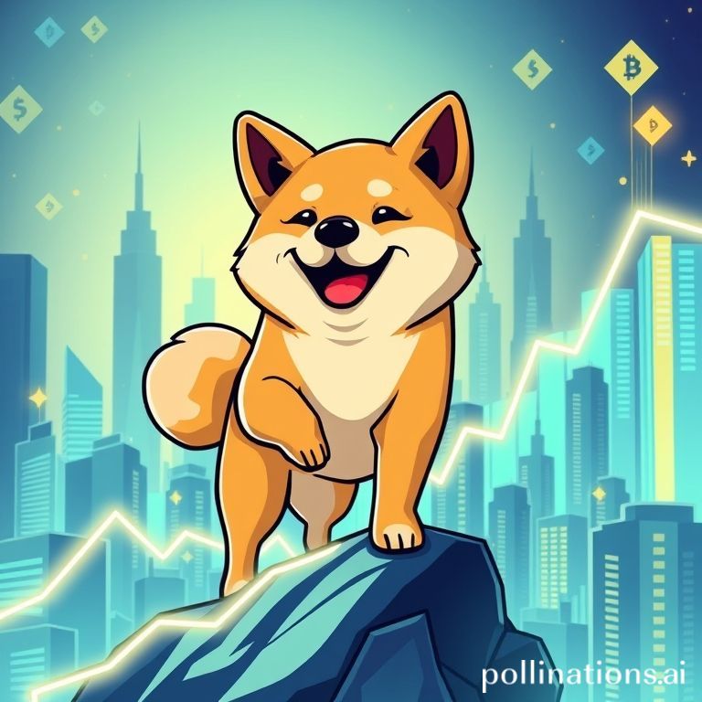 Dogecoin's Shiba Inu mascot stands confidently on a crypto chart, symbolizing potential for an 800% rally.