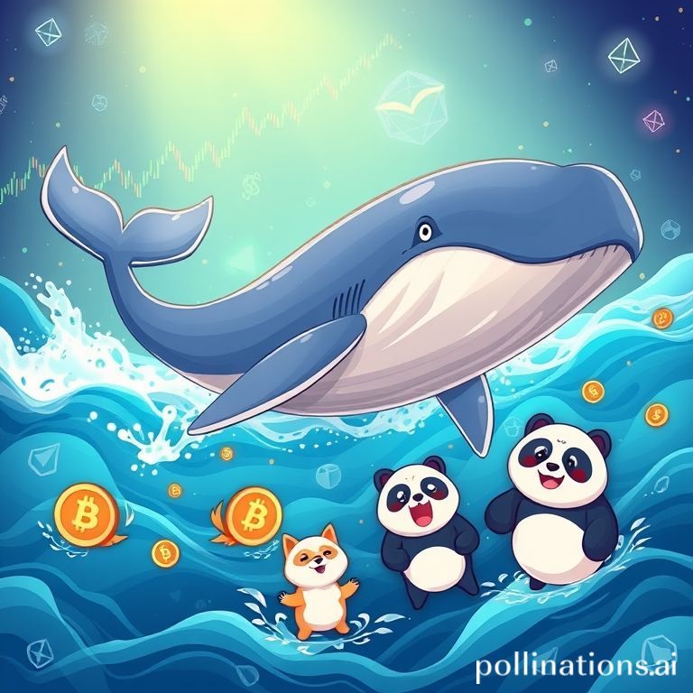 A stylized digital whale, representing major crypto investors, swims through a vibrant sea of charts and meme coin characters, symbolizing market trends.