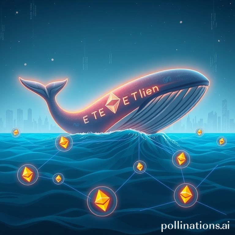 An artistic digital illustration of an enormous Ethereum whale token, symbolizing an early investor, rising from crypto ocean.
