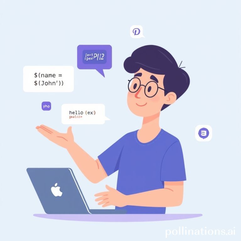 A digital illustration showing a beginner programmer (person, perhaps with a laptop) interacting with floating elements representing PHP code. The elements should visually depict variables (e.g., 