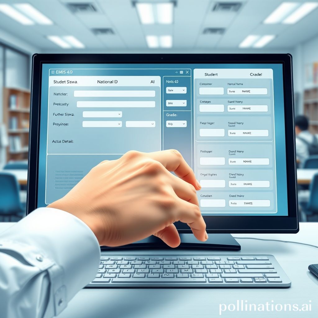A digital illustration showing a hand (implied to be an administrator or teacher) using a computer, with an interface similar to EMIS 4.0 on the screen. The screen displays forms with fields for 