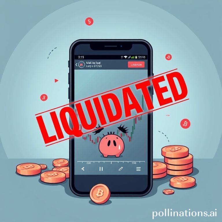 A digital illustration showing a smartphone screen displaying a cryptocurrency trading chart with a red 