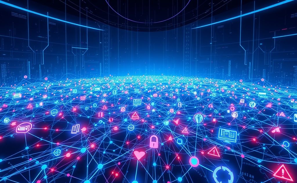 A digital landscape showcasing AI algorithms and technology icons.
