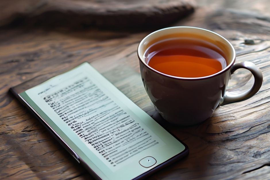 A digital tablet displaying a meditation script PDF next to a cup of tea