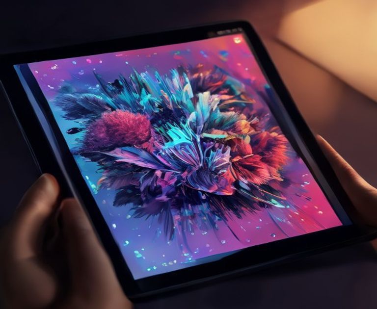 A digital tablet displaying colorful AI-generated artwork.