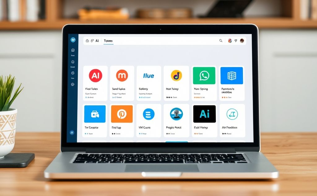 A digital workspace showcasing various free AI tools on a laptop.