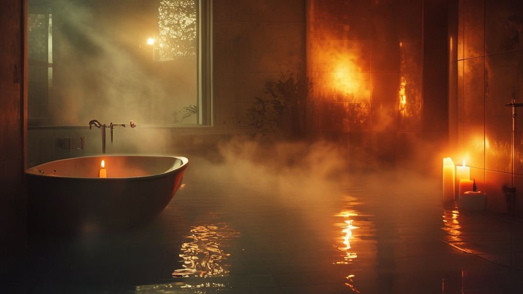 A dimly lit bathroom sanctuary at dawn. Soft candlelight flickers, casting an ethereal glow on a serene bath scene. Mist swirls, reflecting warm golden hues, a haven of tranquility.