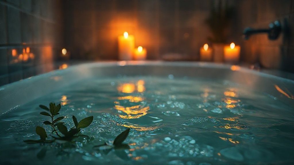 A dimly lit bathroom. Warm, golden candlelight dances on rippling bathwater, reflecting off eucalyptus leaves and spearmint sprigs. Soft, ambient glow, calming. Mystic, ethereal, 4k, cinematic.