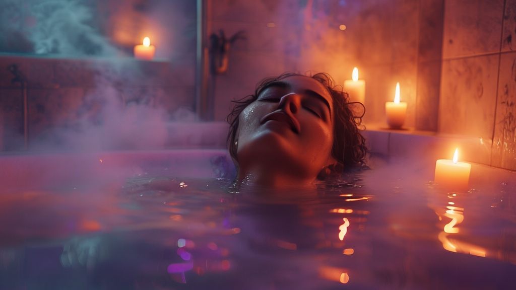 A dimly lit bathroom. Warm, lavender-hued water glows, reflecting candlelight. A woman floats serenely, eyes closed, surrounded by ethereal mist. Mystic, 4k, cinematic.