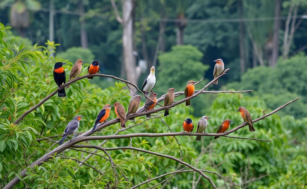 A diverse array of birds perched on branches in a lush forest.
