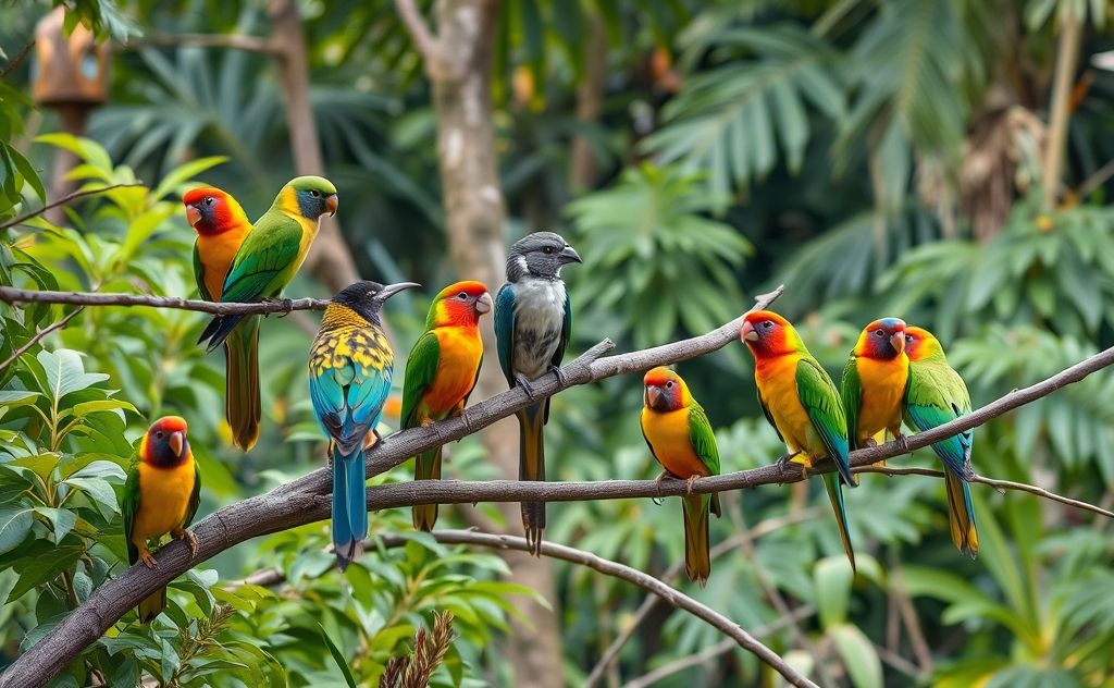 A diverse array of colorful birds perched on branches in a lush forest.