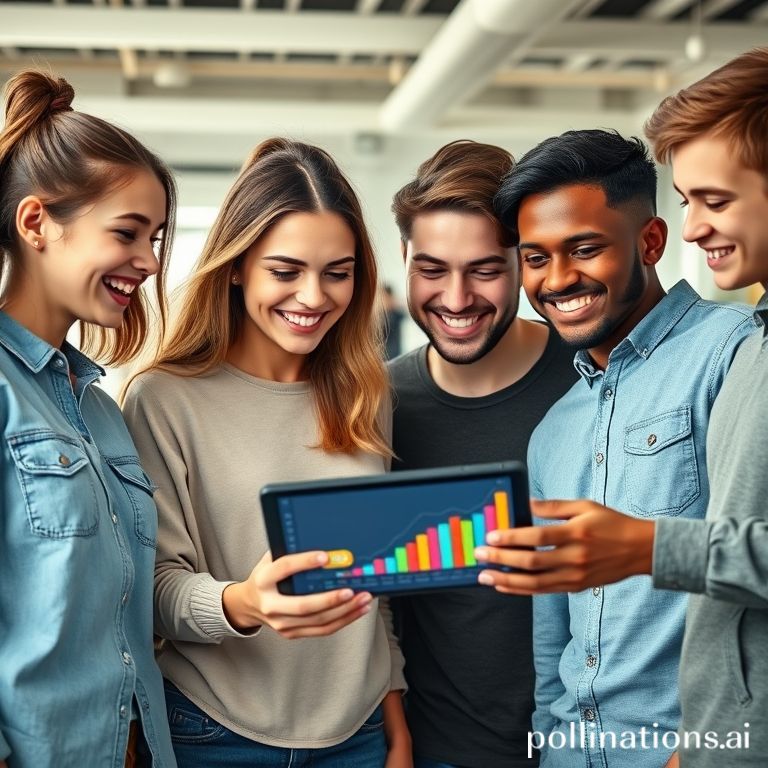 A diverse group of Gen Z individuals (2 girls, 2 boys) in a modern, brightly lit coworking space, smiling and looking enthusiastically at a tablet or smartphone screen that displays colorful investment charts and a subtle 