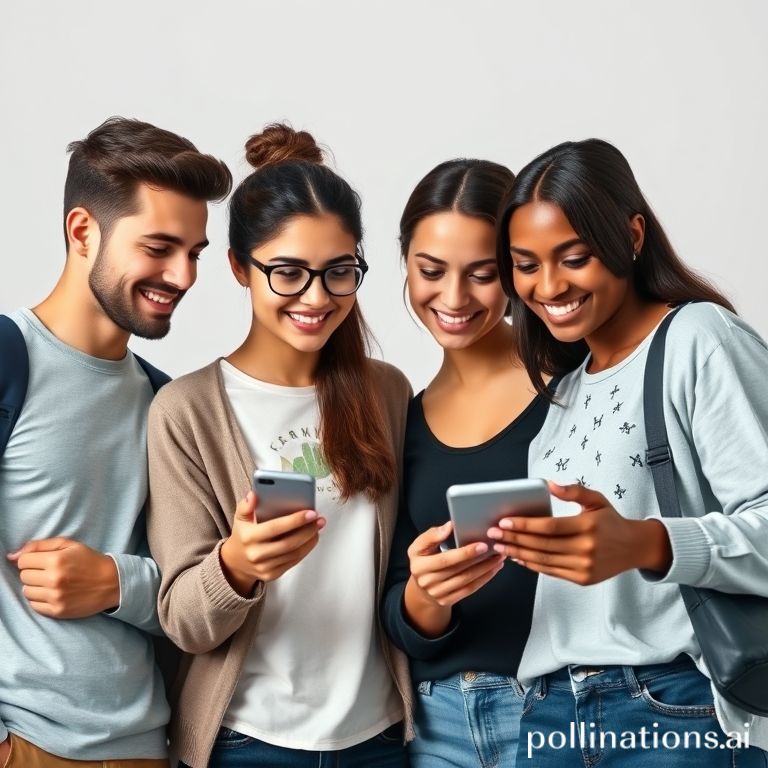 A diverse group of Gen Z individuals (2-3 people, male and female) looking at a financial app on a smartphone or tablet with positive expressions. They are dressed in modern, casual attire. In the background, there's a subtle, modern graphic representing financial growth and a faint, abstract Islamic motif (like a geometric pattern or a stylized crescent moon) blended seamlessly into the design, without being overtly religious. The overall vibe is modern, empowering, and financially savvy.