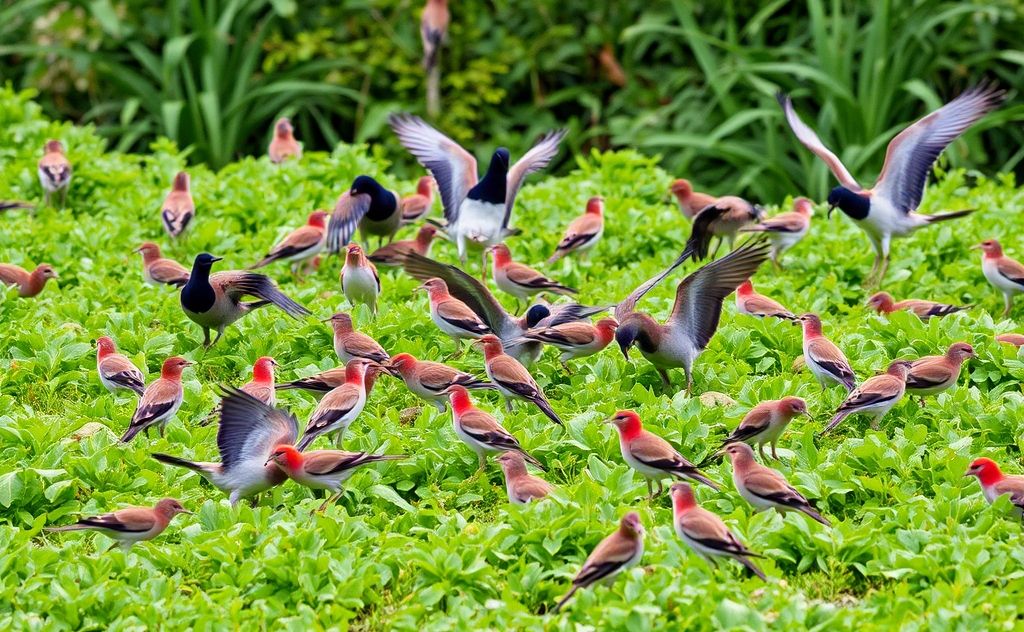A diverse group of birds foraging in a lush green habitat.