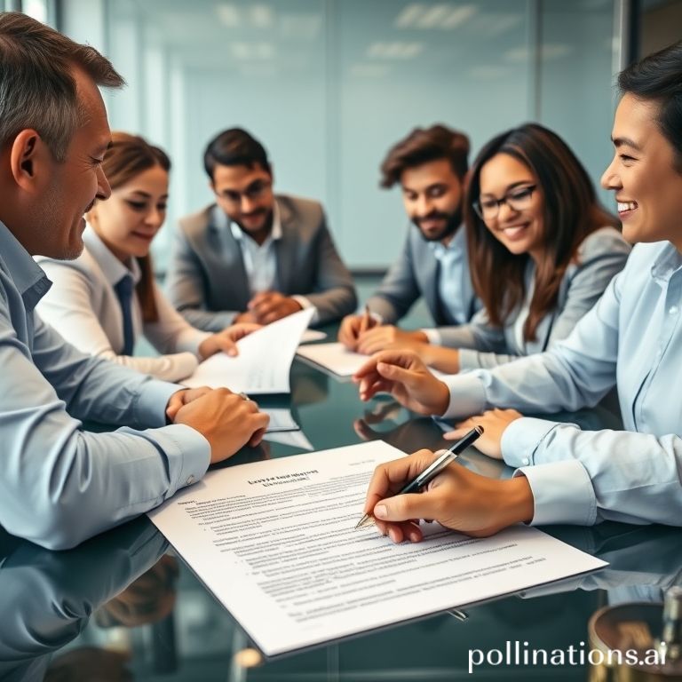 Business professionals at a meeting table, actively negotiating loan contract terms and reviewing financial documents.
