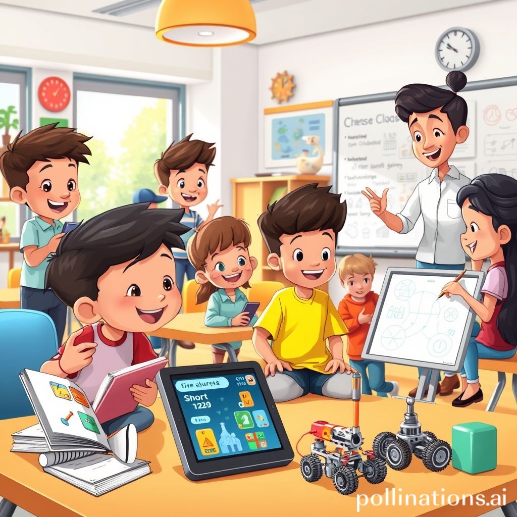 A diverse group of cheerful cartoon students, each learning in their own unique way. One student is reading a physical book, another is interacting enthusiastically with a tablet showing an educational game, a third is building a small robot with focus, and a fourth is discussing concepts with a friendly, guiding teacher near a whiteboard. The background is a bright, modern classroom with flexible seating arrangements, indicating an environment that supports varied learning styles. The overall vibe is positive, engaging, and innovative.
