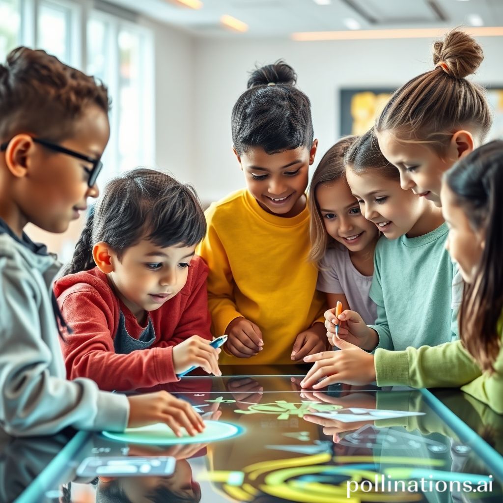 A diverse group of children of various ages (5-15 years old) interacting with futuristic educational tools, possibly a holographic display or touch-screen table, engaged in collaborative learning. One child might be coding, another sketching, and a third discussing with peers. The background should be bright, modern, and inspiring, showing elements of technology seamlessly integrated with natural, human-centric learning environments. The overall mood should be optimistic, showing children excited about learning and discovery.