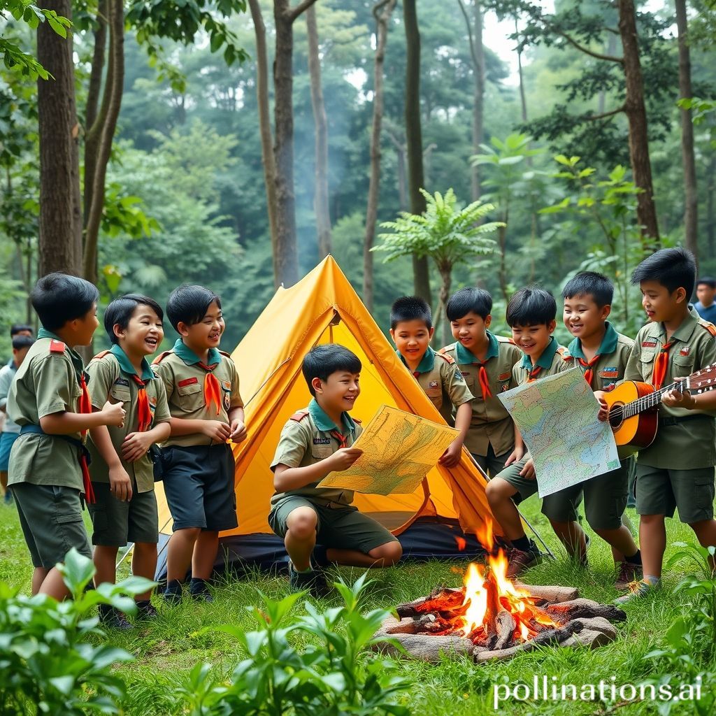 A diverse group of energetic young Indonesian scouts (Pramuka members) in full uniform, laughing and interacting outdoors. Some are setting up a tent with teamwork, others are looking at a map, and one is playing a guitar by a campfire in the background. The setting is a lush green forest or a camping ground. The vibe is adventurous, friendly, and empowering, showcasing youth development and outdoor activities.