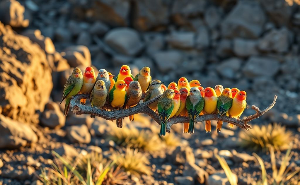 A diverse group of finches perched on a Galapagos island branch.