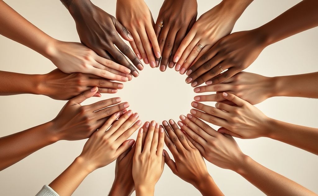 A diverse group of hands coming together to form a united circle.