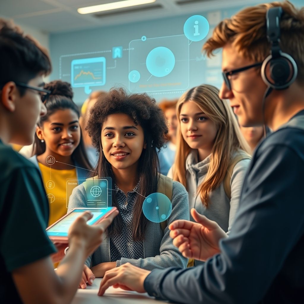 AI-powered Personalized Education in a futuristic classroom කෘත්රිම බුද්ධියෙන් බලගැන්වෙන පුද්ගලාරෝපිත අධ්යාපන පරිසරයක්
