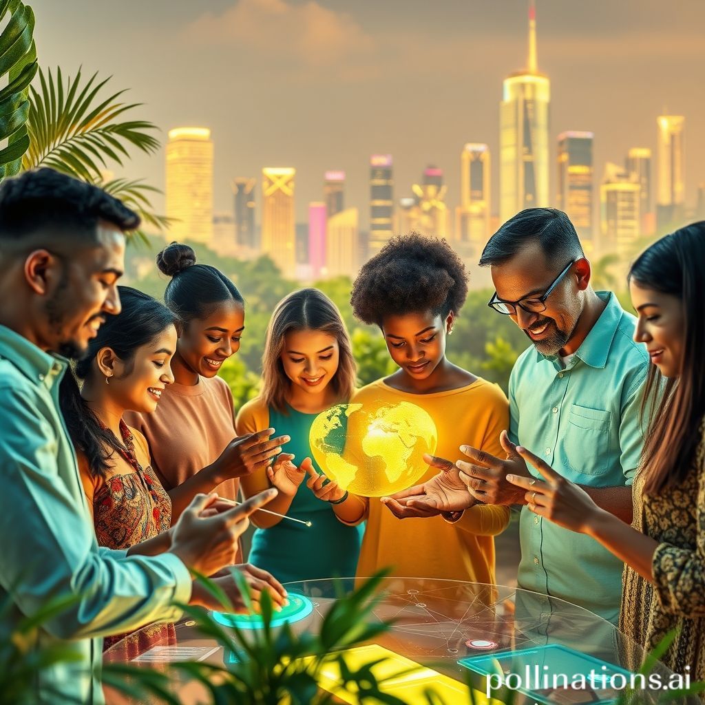 A diverse group of people (representing various ages and backgrounds) collaboratively interacting with holographic interfaces and digital screens, showcasing learning, problem-solving, and communication. The background should be a subtle blend of natural elements and futuristic cityscapes, symbolizing human connection with technology and nature. Focus on bright, optimistic colors and a sense of shared progress.