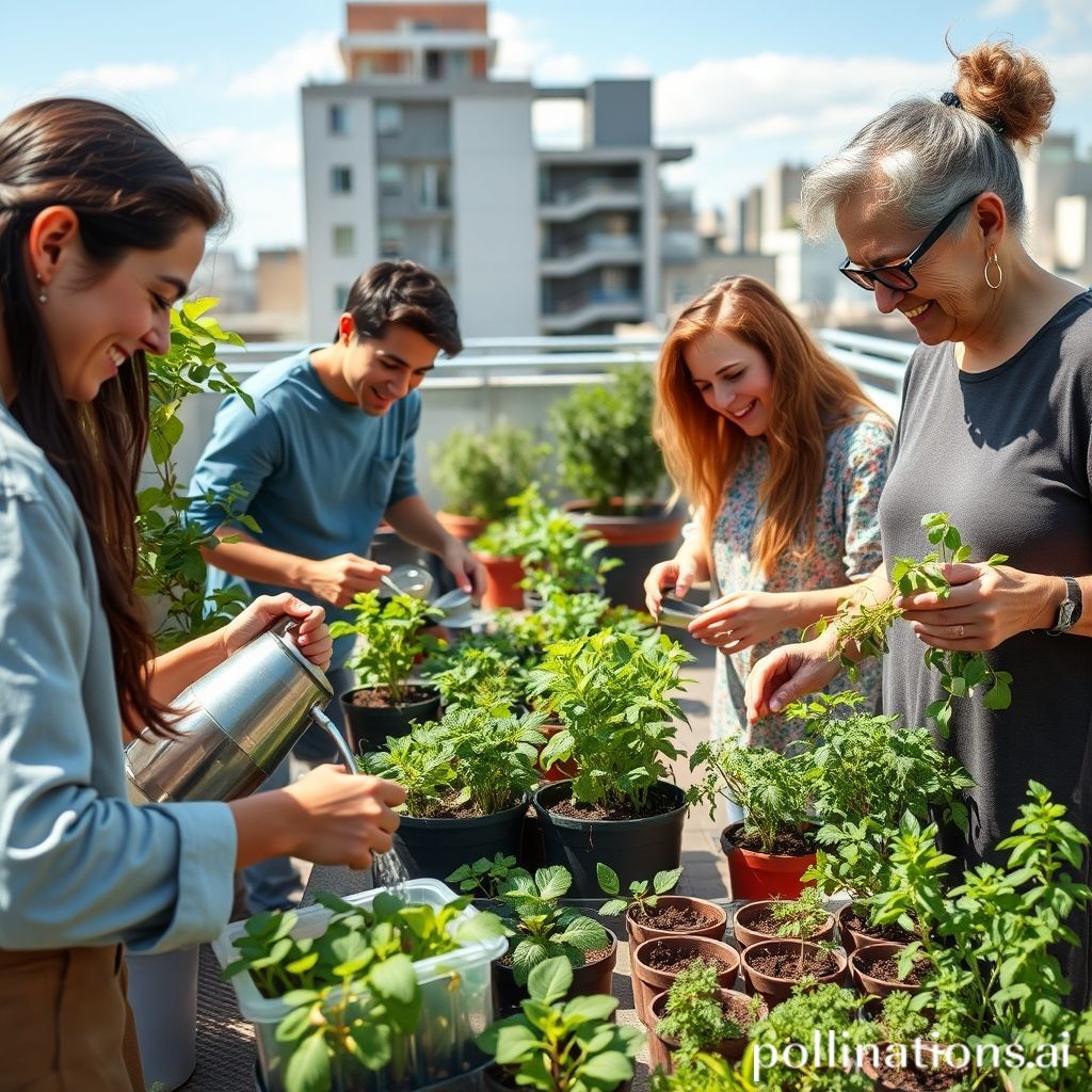 A diverse group of people (young adult, middle-aged, senior) happily engaged in urban gardening on a sunny rooftop. Some are watering plants in vertical gardens, others are potting seedlings in small containers, and one person is harvesting fresh herbs. The setting shows creative use of limited space with various types of plants. The overall mood is joyful, serene, and connected to nature.