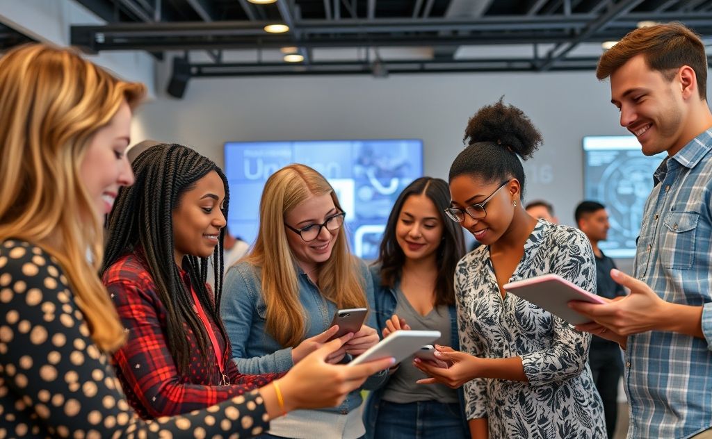 A diverse group of people engaging with AI learning materials.