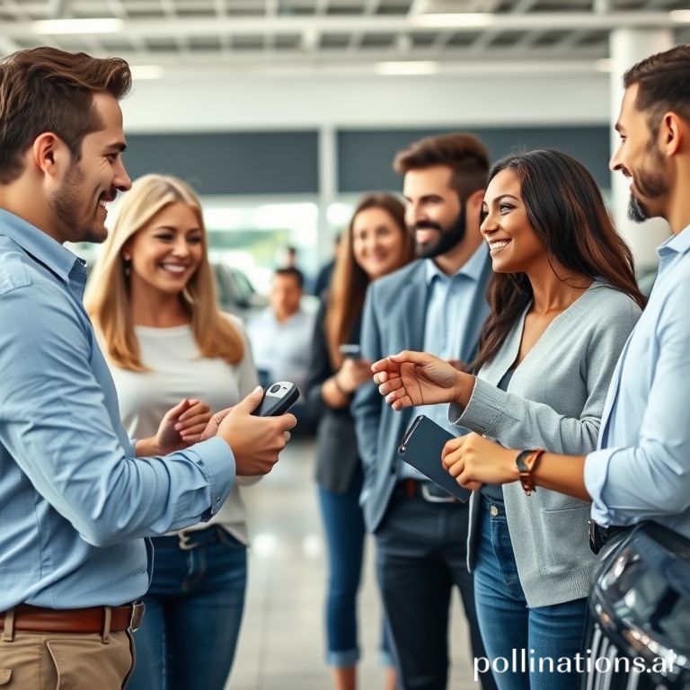 Car salesman showing two customers around a selection of vehicles at a dealership, highlighting options and features.