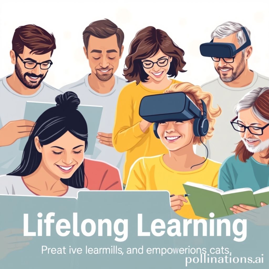 A diverse group of people of various ages (young adult to senior) engaged in different learning activities. Some are looking at laptops, others reading books, one person is drawing, another is in a virtual reality headset. The background is bright and modern, perhaps with subtle digital lines or interconnected dots, symbolizing lifelong learning and interconnected knowledge. The overall feeling should be positive, curious, and empowering.