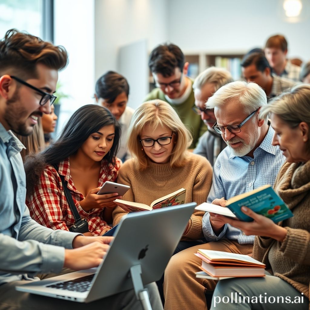 A diverse group of people of various ages (young adults to older adults) are actively engaged in modern learning activities. Some are looking at laptops/tablets, some are reading e-books on devices, and others are discussing ideas in a collaborative, tech-friendly setting. The background is bright and modern, perhaps a co-working space, a digital library, or a comfortable home study. The overall mood is one of continuous growth, intellectual curiosity, and optimism in a digital age.
