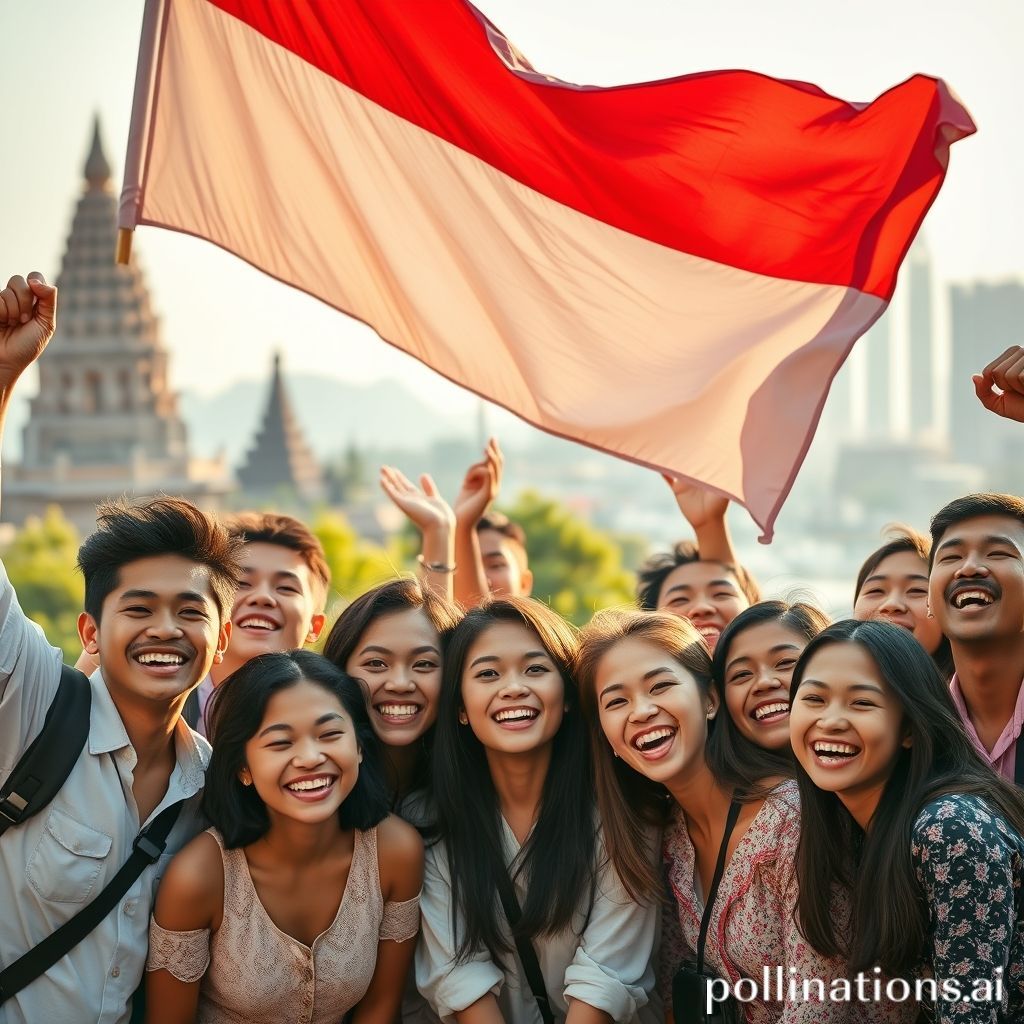 A diverse group of young, modern Indonesians from various backgrounds (representing different ethnicities/regions) smiling and celebrating together under a vibrant Indonesian flag, perhaps with iconic Indonesian landmarks subtly in the background. The mood is joyful, united, and hopeful, with a contemporary feel. The image should convey a sense of shared identity and future potential.
