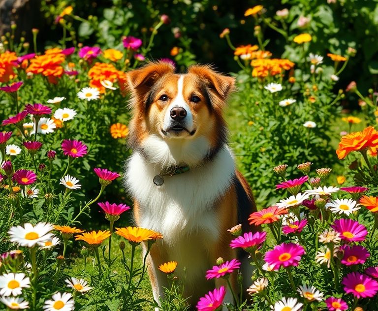 A dog in a sunny garden surrounded by blooming flowers.
