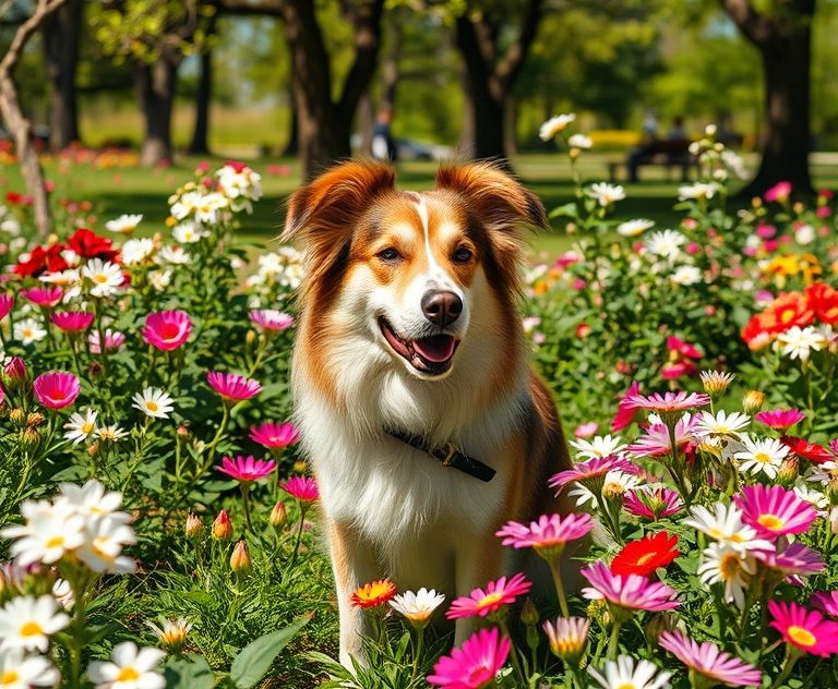 A dog in heat surrounded by blooming flowers in a sunny park.