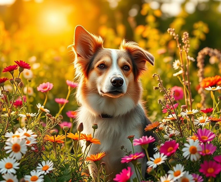 A dog in heat surrounded by flowers and a sunny background.