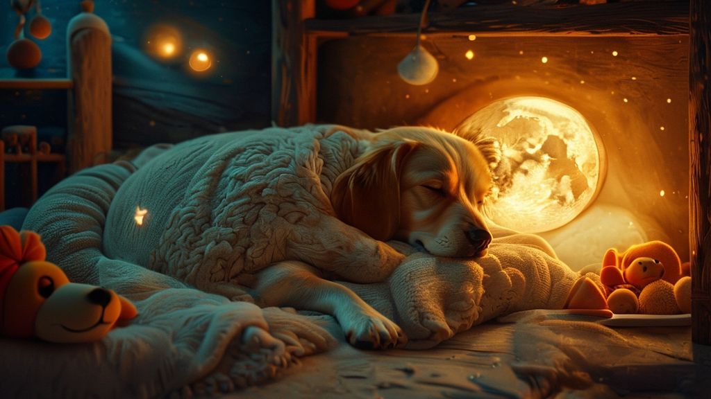 A dog, wrapped in a soft, glowing anxiety wrap, rests serenely in a moonlit, cozy den. Warm light spills from within, illuminating plush blankets and favorite toys. Ethereal, gentle colors.
