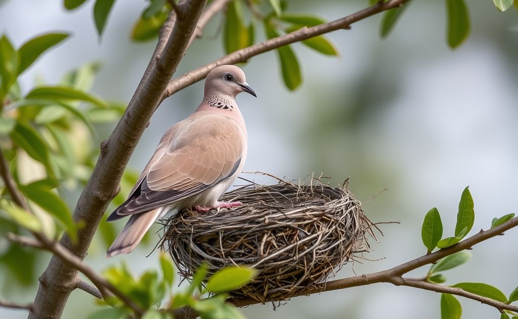 A dove perched beside an empty nest in a tree.